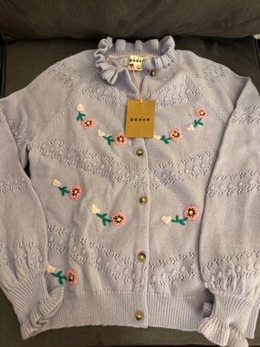 NWT Boden Lavender Floral Cardigan with Pink Embroidery